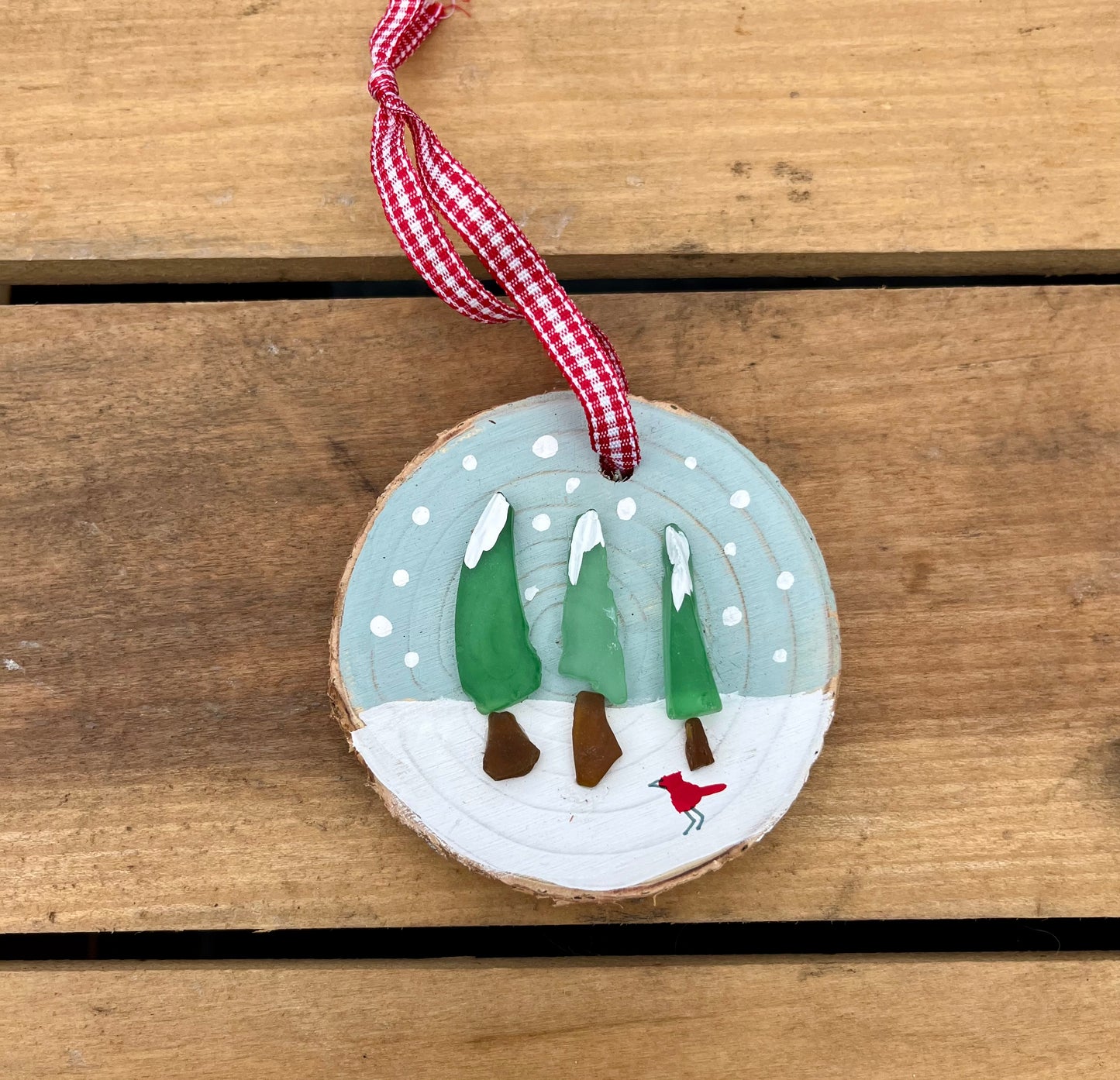 Winter Scene Tree Sea Glass Ornament