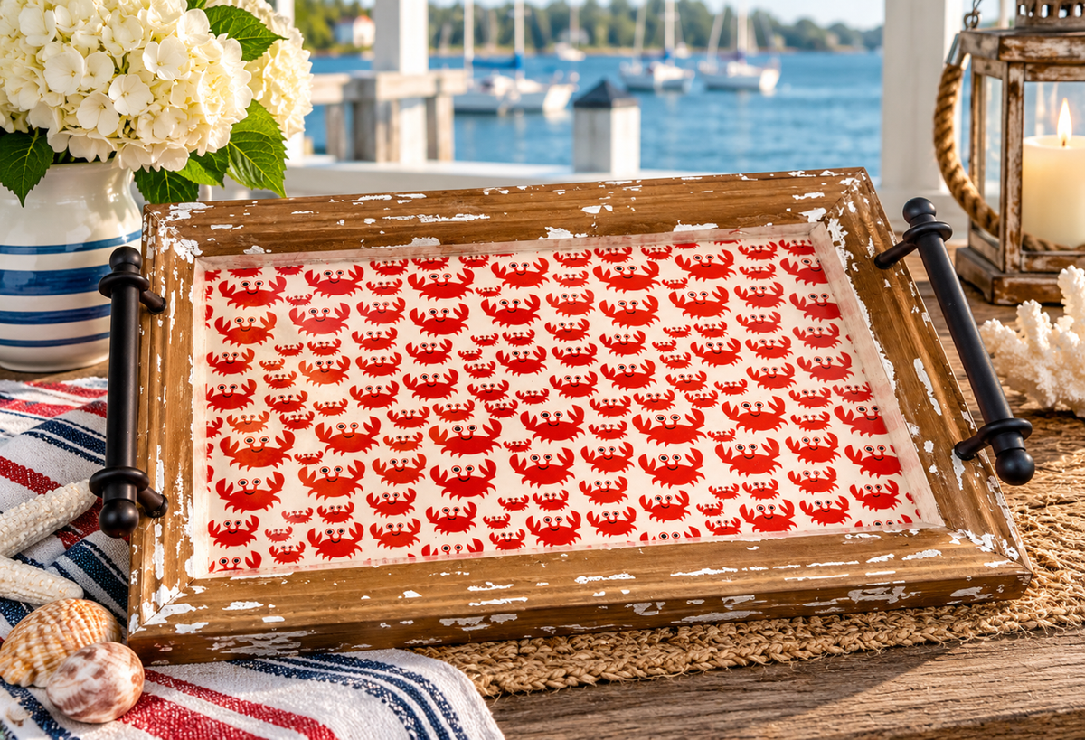 Handcrafted Red Crab on Rustic Wood Tray