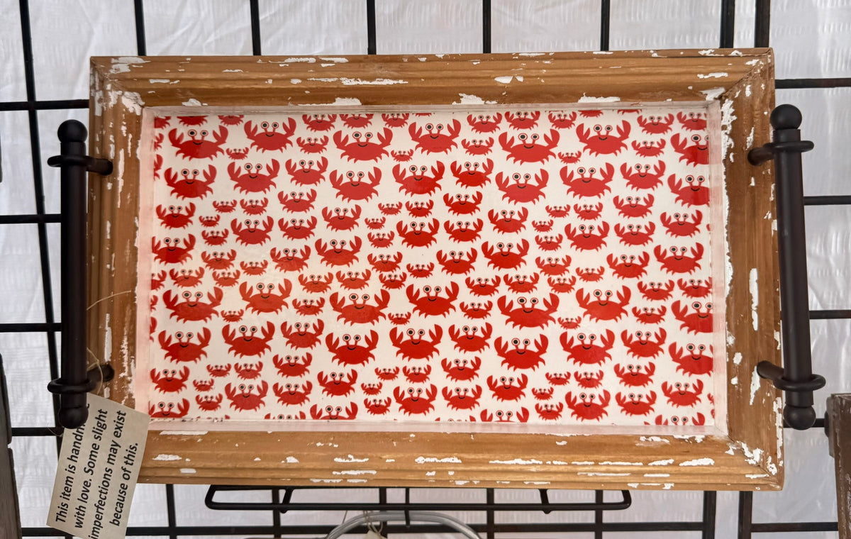 Handcrafted Red Crab on Rustic Wood Tray